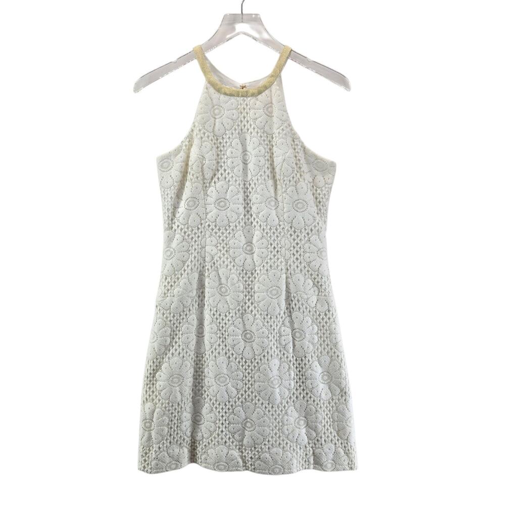 Lilly Pulitzer Mini Dress Womens 6 White Crochet Floral Gold High‎ Neck Preppy